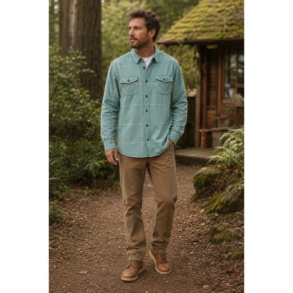 Katin Mens Medium Teal Green Windowpane Plaid Cotton Flannel Button Down Shirt
